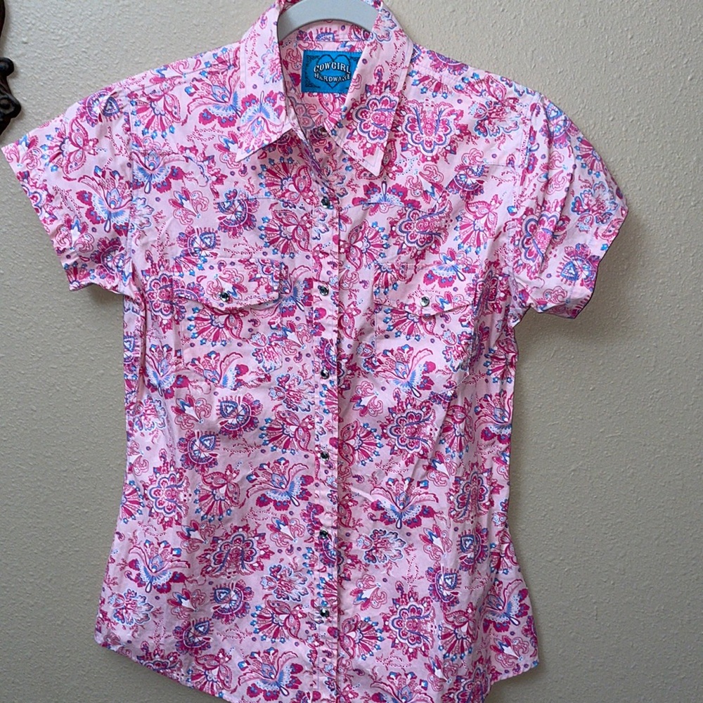 Ladies, shirt sleeve, western shirt, pink with teal. Size S